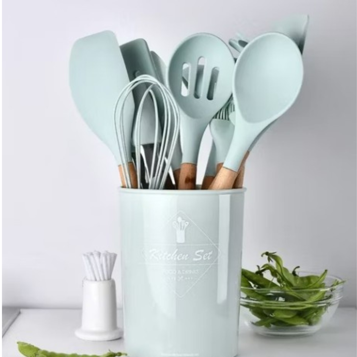 SET DE UTENSILIOS DE SILICONA DE 12 PIEZAS VERDE AGUA - 1