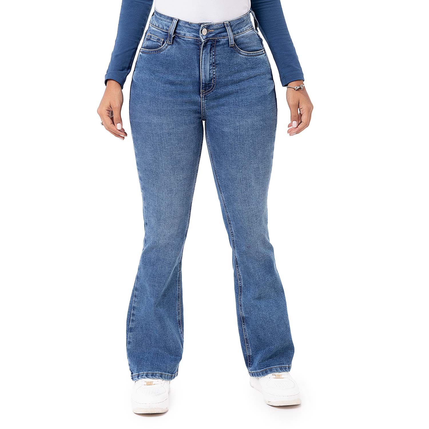 Pantaloni Jeans Cargo Jogger Donna VERO MODA, Vita Media, Tessuto Stretch, Colore Blu Denim. Modello Comodo Con Fondo A Coste E Tasche Laterali. - 6