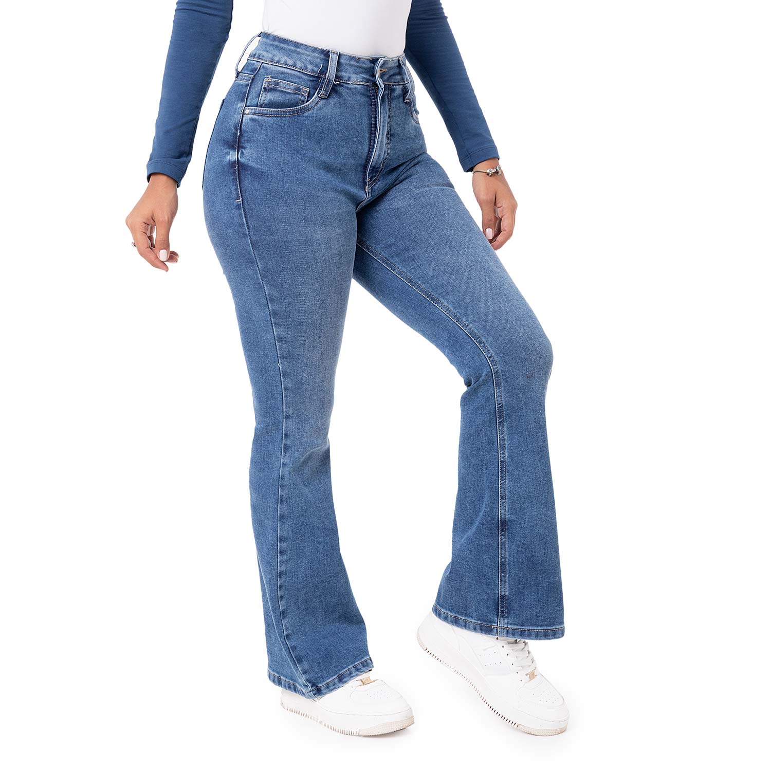Pantaloni Jeans Cargo Jogger Donna VERO MODA, Vita Media, Tessuto Stretch, Colore Blu Denim. Modello Comodo Con Fondo A Coste E Tasche Laterali. - 2