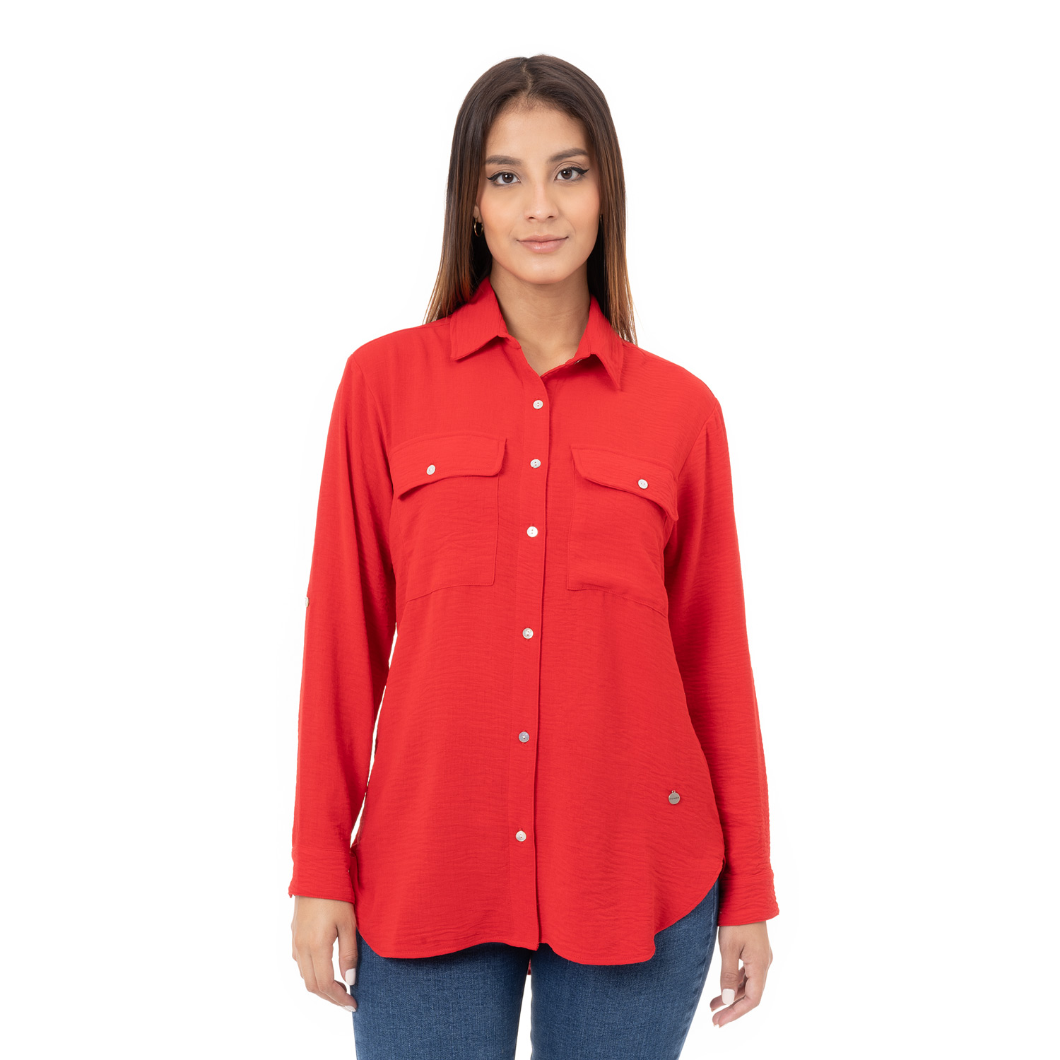 Blusa Devlin con cuello en V de popelina burdeos