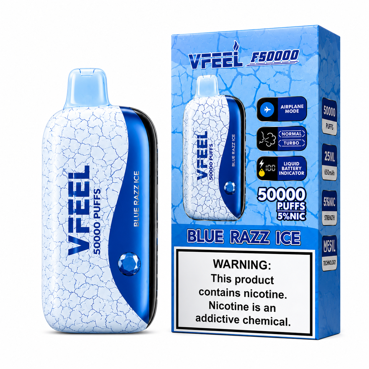 VAPE VFEEL BLUE RAZZ ICE 50000 PUFFS VAPE DESECHABLE RECARGABLE 5% NICOTINA - 1
