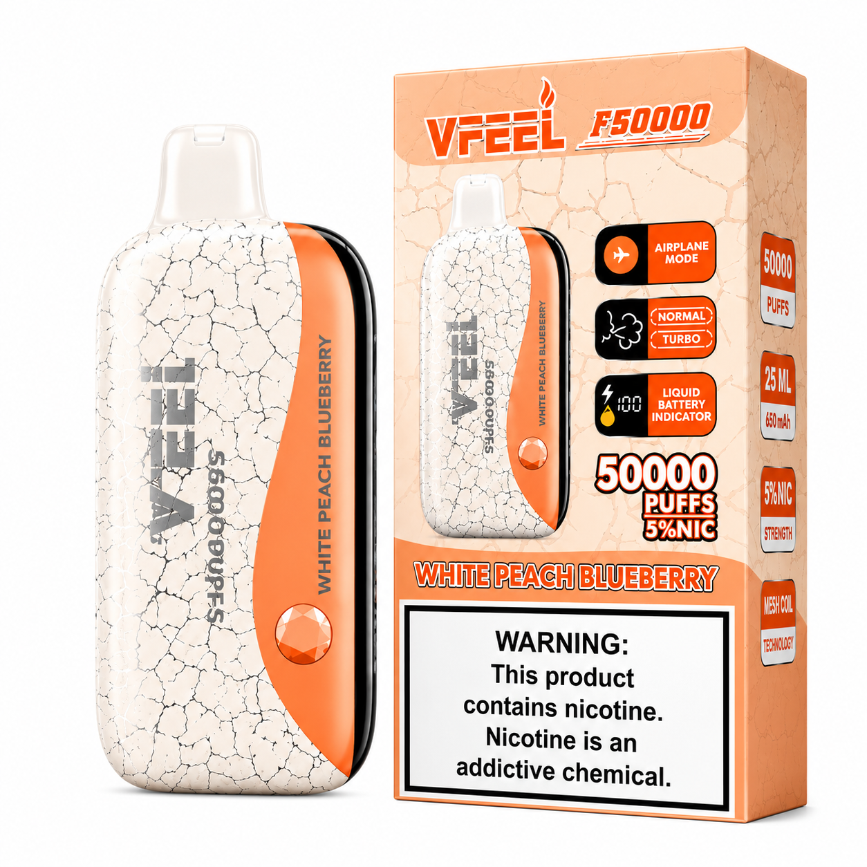 VAPE VFEEL BLUEBERRY PEACH 50000 PUFFS RECARGABLE 25ML PANTALLA LCD MODO AVIÓN - 1