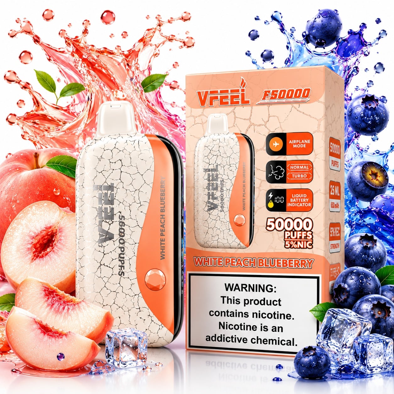 VAPE VFEEL BLUEBERRY PEACH 50000 PUFFS RECARGABLE 25ML PANTALLA LCD MODO AVIÓN - 2