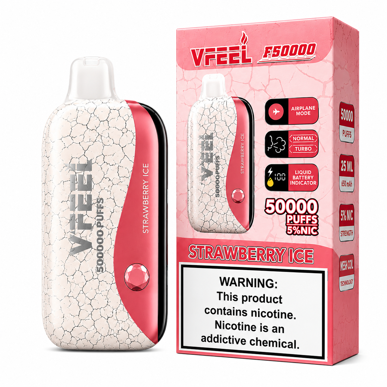 VAPE VFEEL STRAWBERRY ICE 50000 PUFFS RECARGABLE 25ML PANTALLA LCD MODO AVIÓN - 1