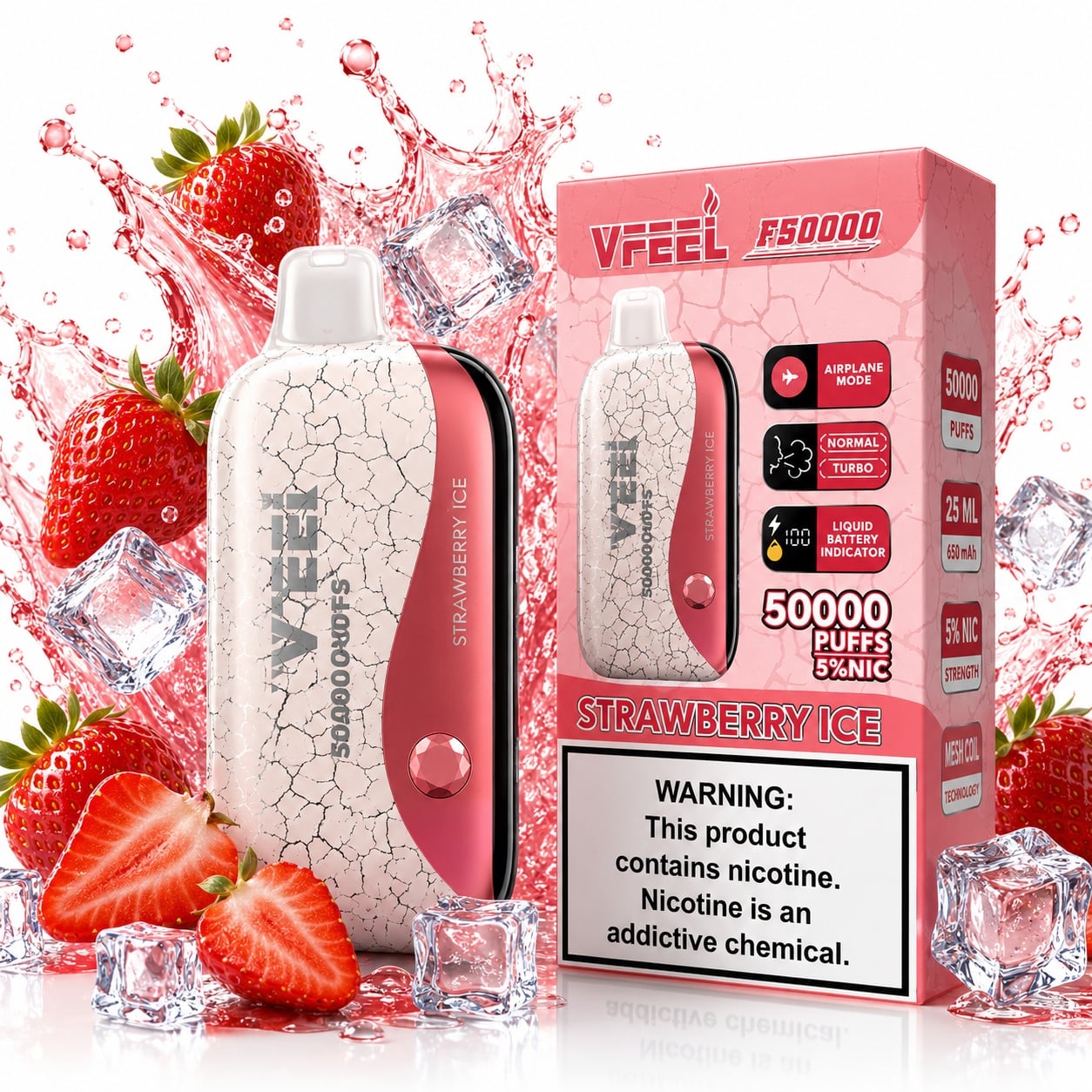 VAPE VFEEL STRAWBERRY ICE 50000 PUFFS RECARGABLE 25ML PANTALLA LCD MODO AVIÓN - 2
