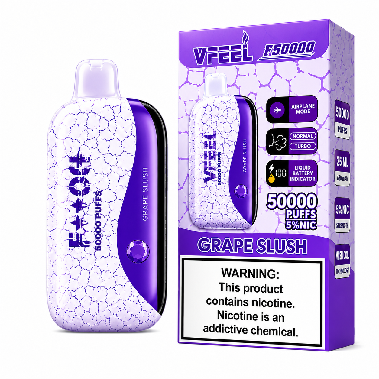 VAPE VFEEL GRAPE SLUSH 50000 PUFFS RECARGABLE 25ML PANTALLA LCD MODO AVIÓN - 1