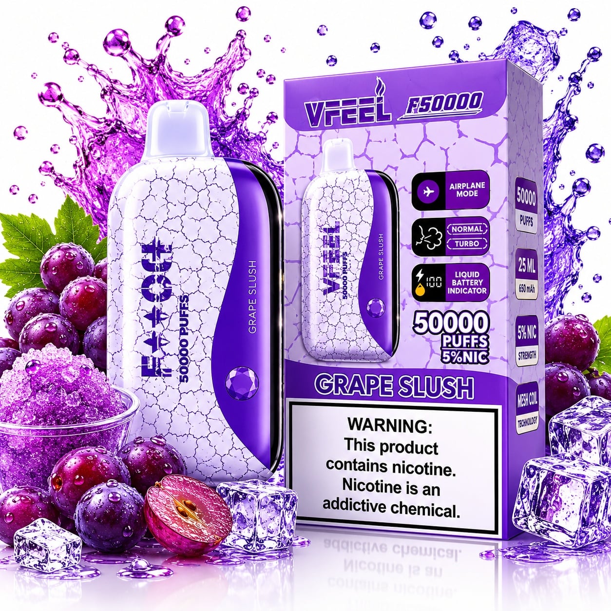 VAPE VFEEL GRAPE SLUSH 50000 PUFFS RECARGABLE 25ML PANTALLA LCD MODO AVIÓN - 2