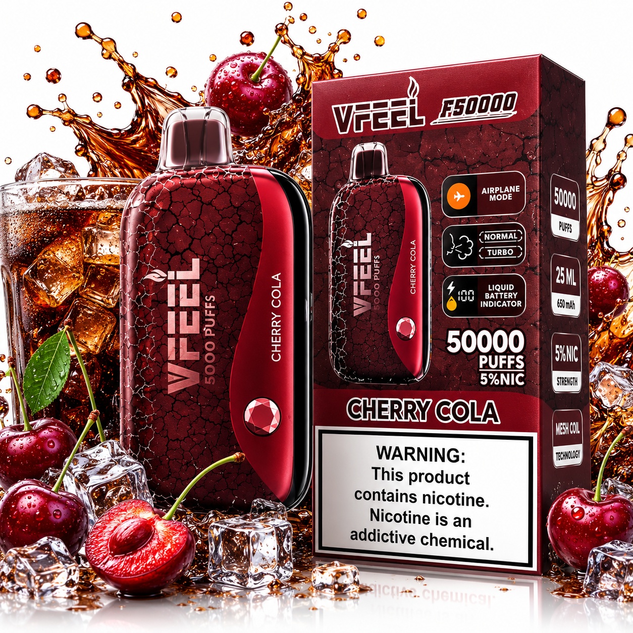 VAPE VFEEL CHERRY COLA 50000 PUFFS RECARGABLE 25ML PANTALLA LCD MODO AVIÓN - 2