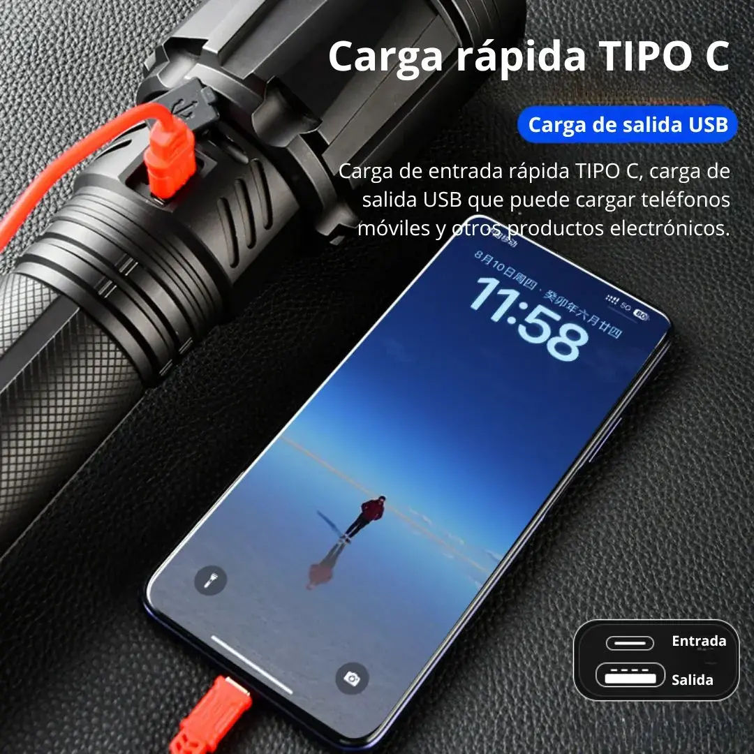 LINTERNA LED RECARGABLE ALTA POTENCIA ZOOM 7 MODOS DE LUZ Y POWER BANK - 5