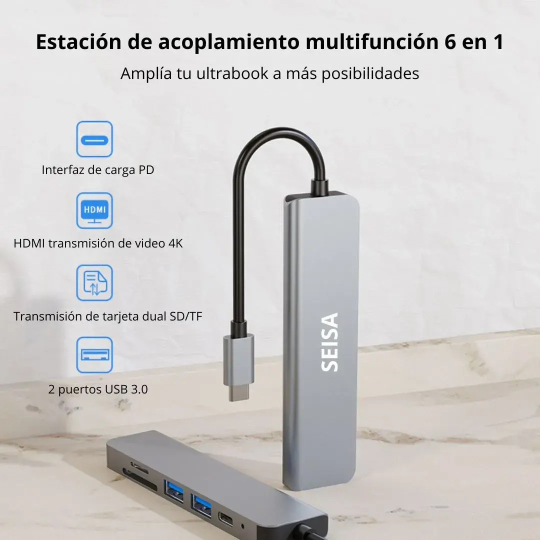 ADAPTADOR HUB SEISA 6 EN 1 TIPO C A TIPO C, USB, SD, TF Y HDMI 4K - 2