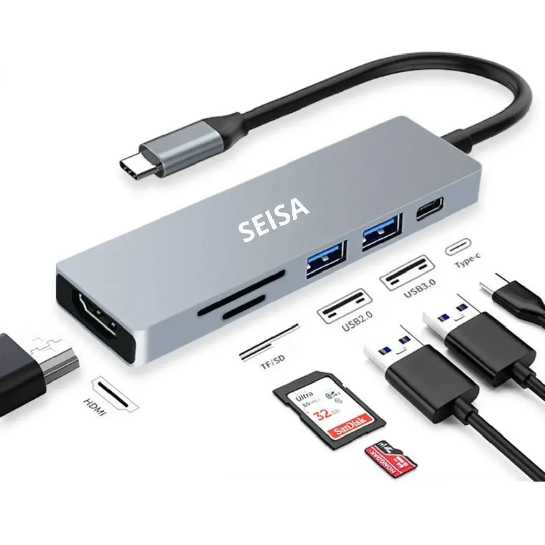 ADAPTADOR HUB SEISA 6 EN 1 TIPO C A TIPO C, USB, SD, TF Y HDMI 4K - 4
