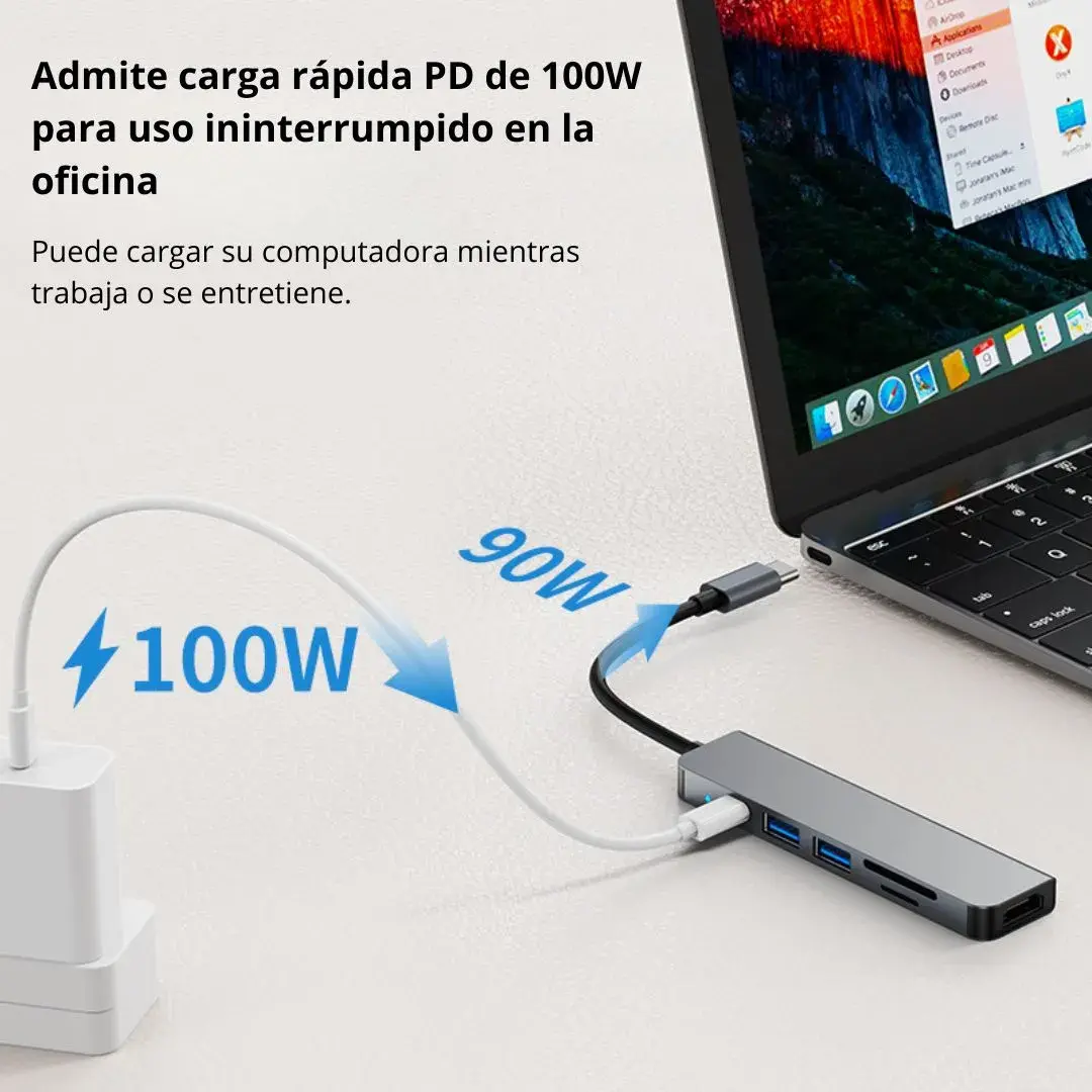 ADAPTADOR HUB SEISA 6 EN 1 TIPO C A TIPO C, USB, SD, TF Y HDMI 4K - 5