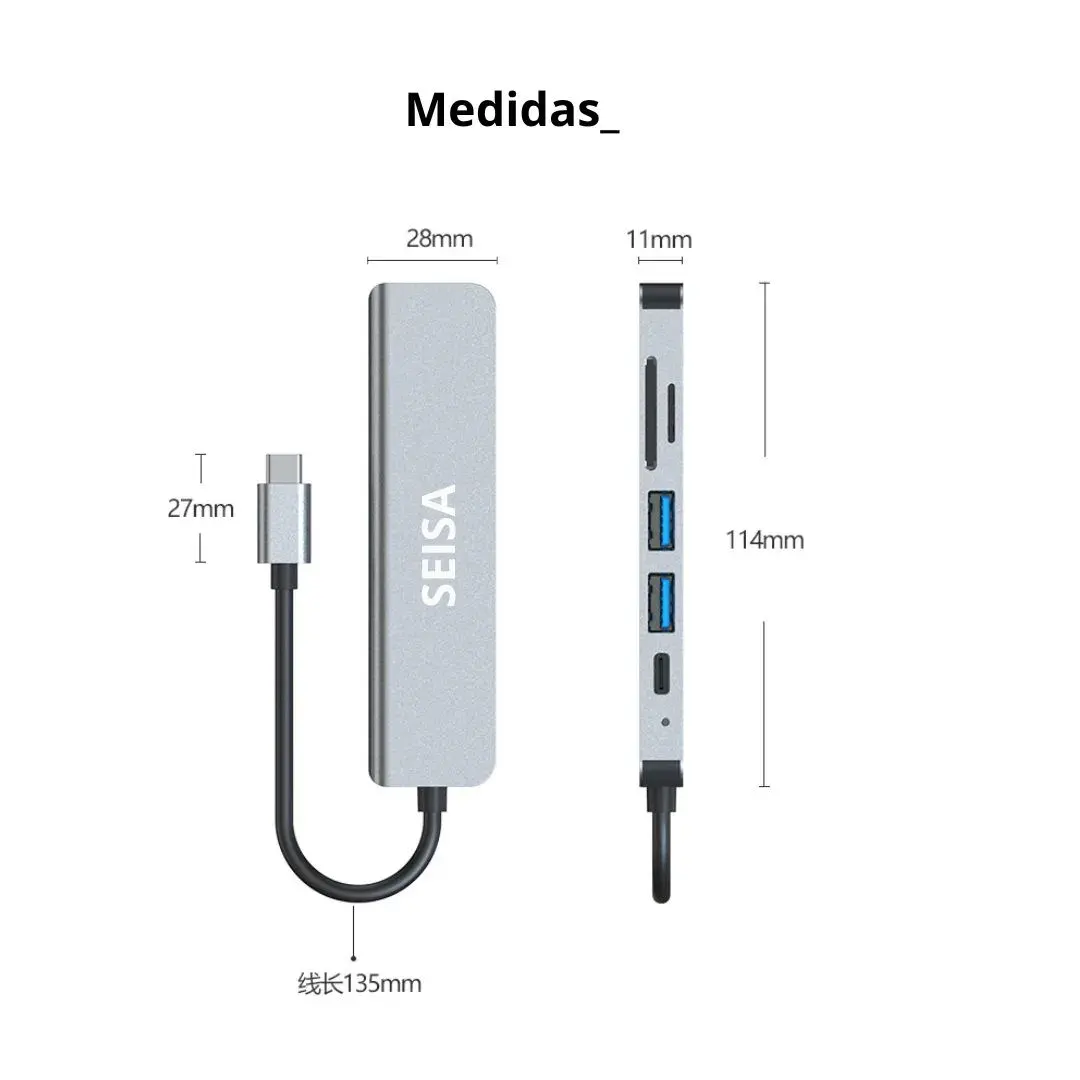 ADAPTADOR HUB SEISA 6 EN 1 TIPO C A TIPO C, USB, SD, TF Y HDMI 4K - 8