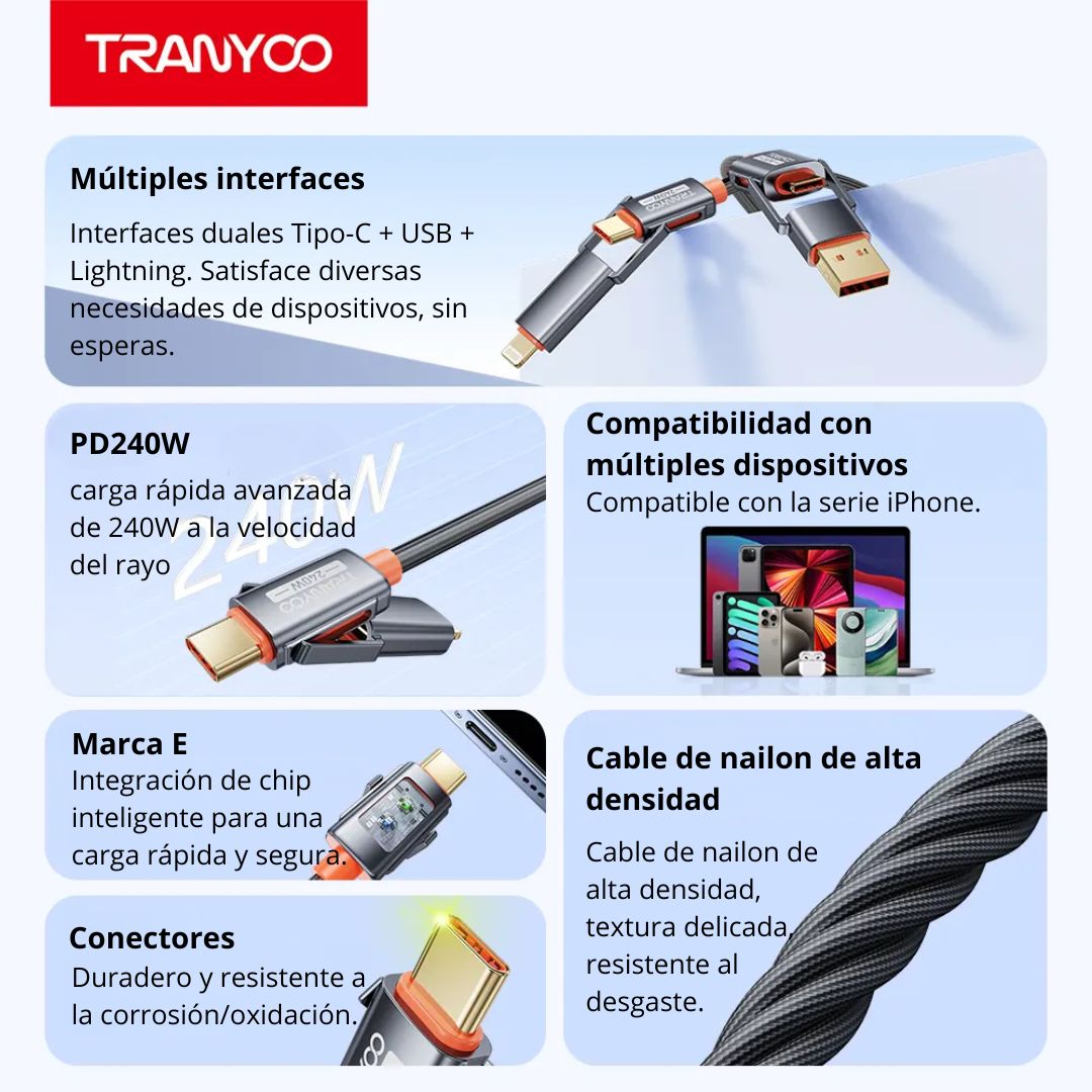 CABLE 4 EN 1 USB-C/USB A USB-C/LIGHTNING 240W CON CHIP E-MARKER - 4