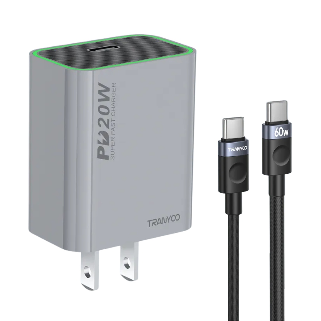CARGADOR RÁPIDO 20W USB-C CON CABLE TRENZADO 60W PARA IPHONE Y ANDROID - 1