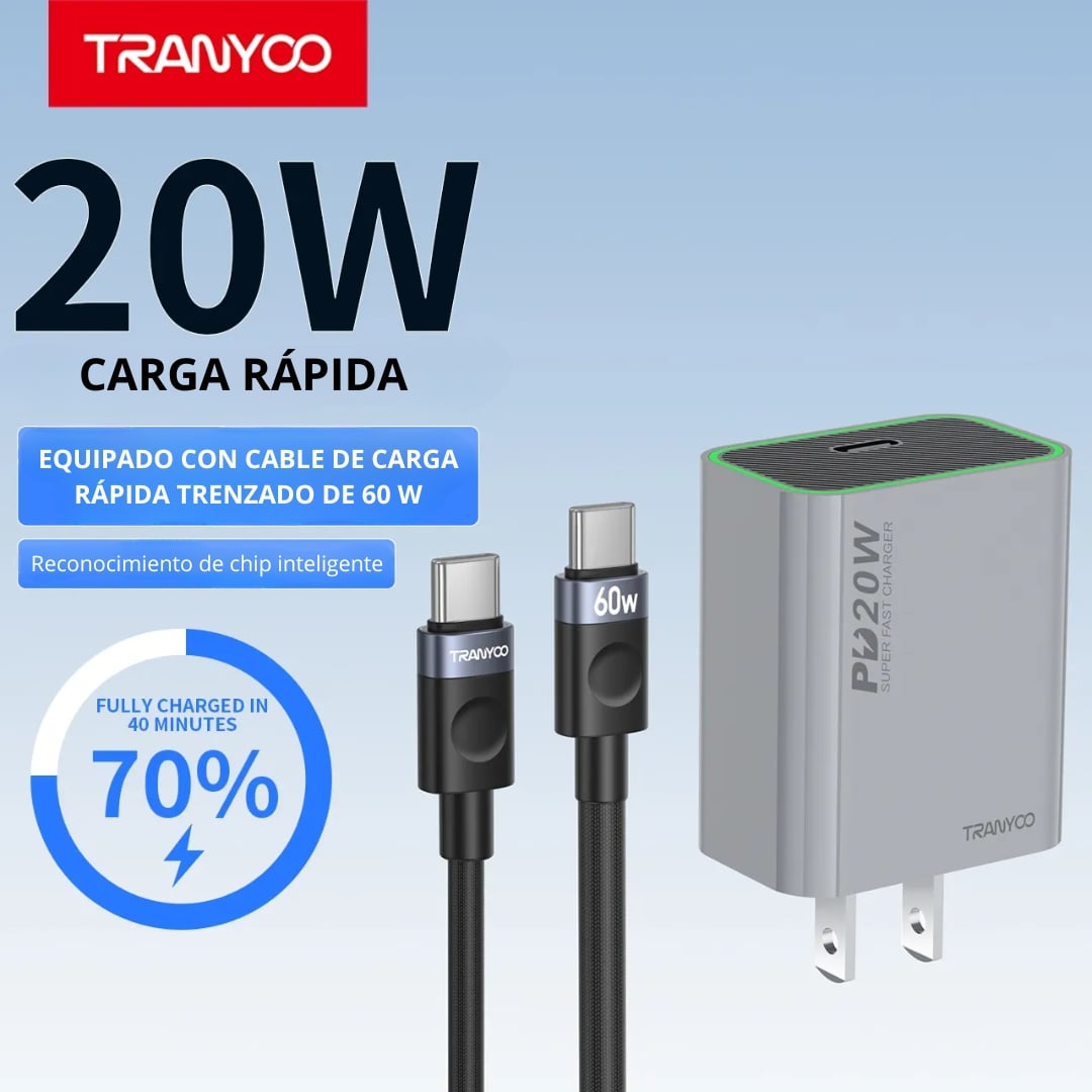 CARGADOR RÁPIDO 20W USB-C CON CABLE TRENZADO 60W PARA IPHONE Y ANDROID - 2