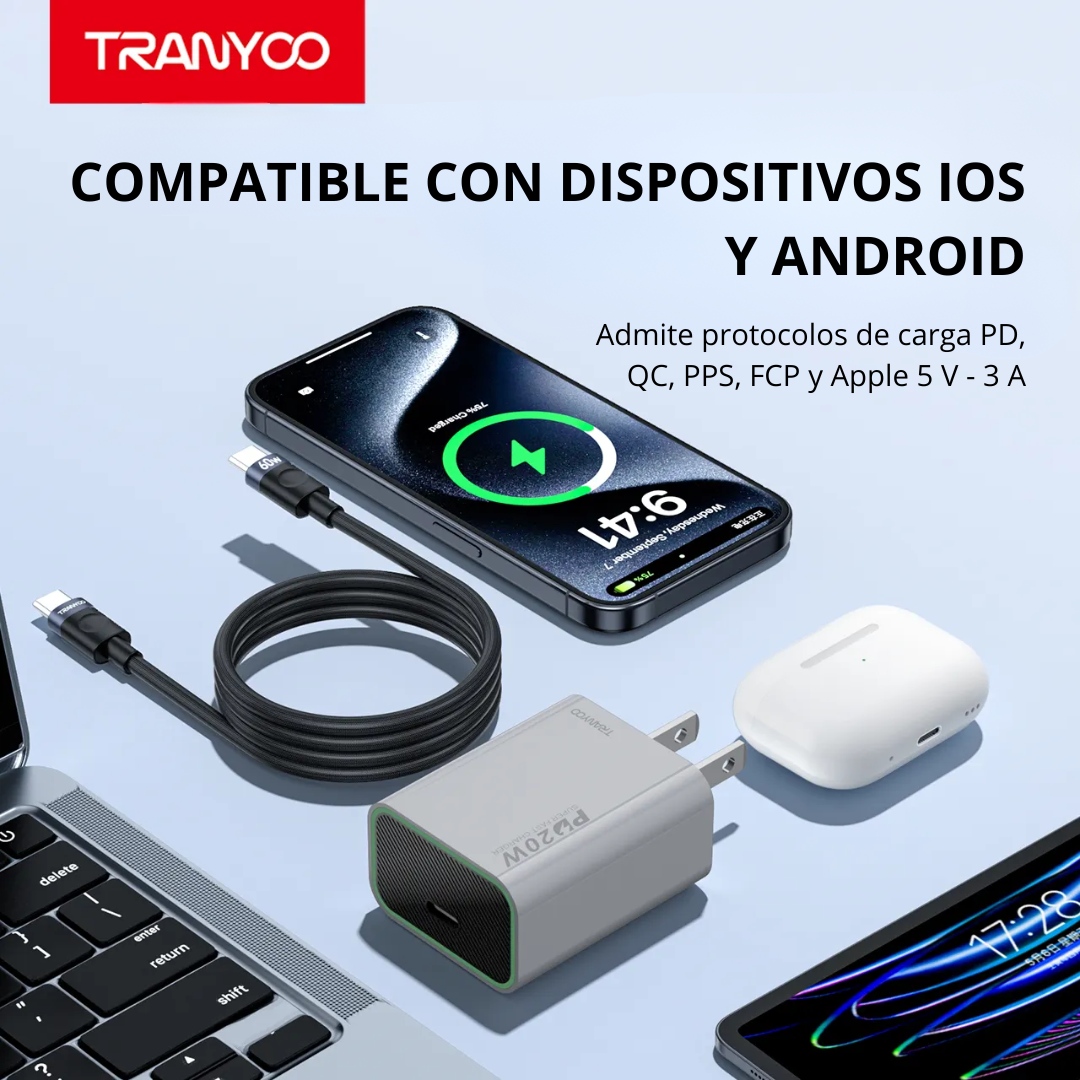 CARGADOR RÁPIDO 20W USB-C CON CABLE TRENZADO 60W PARA IPHONE Y ANDROID - 4