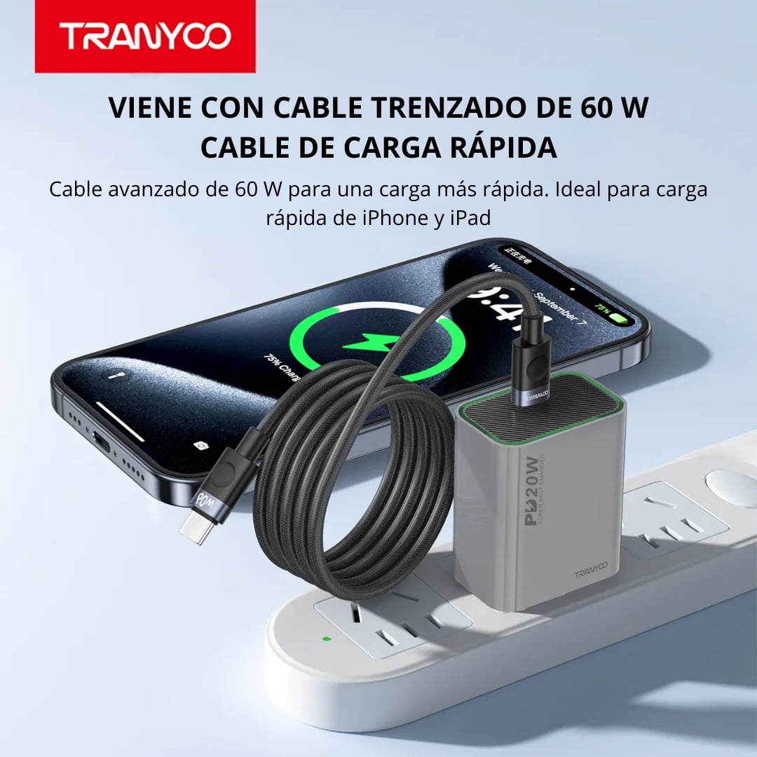 CARGADOR RÁPIDO 20W USB-C CON CABLE TRENZADO 60W PARA IPHONE Y ANDROID - 6