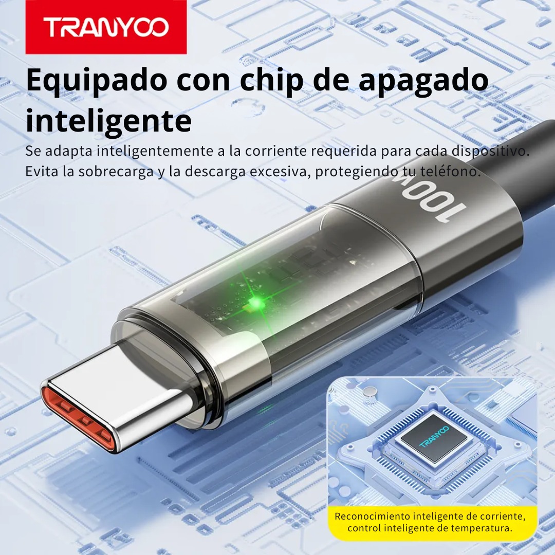 CABLE USB-C A USB-C 100W CON AUTOAPAGADO Y LED TRANSPARENTE 1.2 M - 5