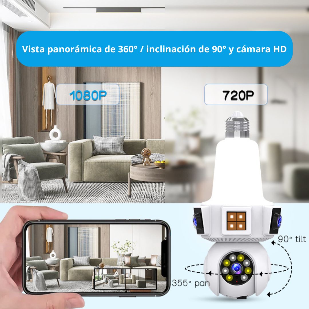 FOCO CÁMARA WIFI 360° HD CON TRIPLE LENTE VISIÓN NOCTURNA SENSOR Y AUDIO - 2