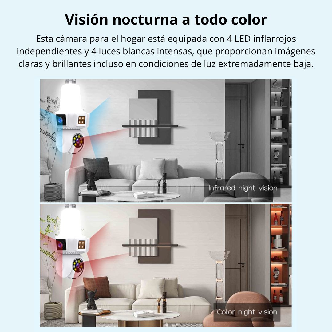 FOCO CÁMARA WIFI 360° HD CON TRIPLE LENTE VISIÓN NOCTURNA SENSOR Y AUDIO - 4