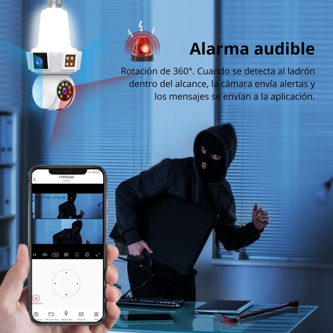 FOCO CÁMARA WIFI 360° HD CON TRIPLE LENTE VISIÓN NOCTURNA SENSOR Y AUDIO - 6