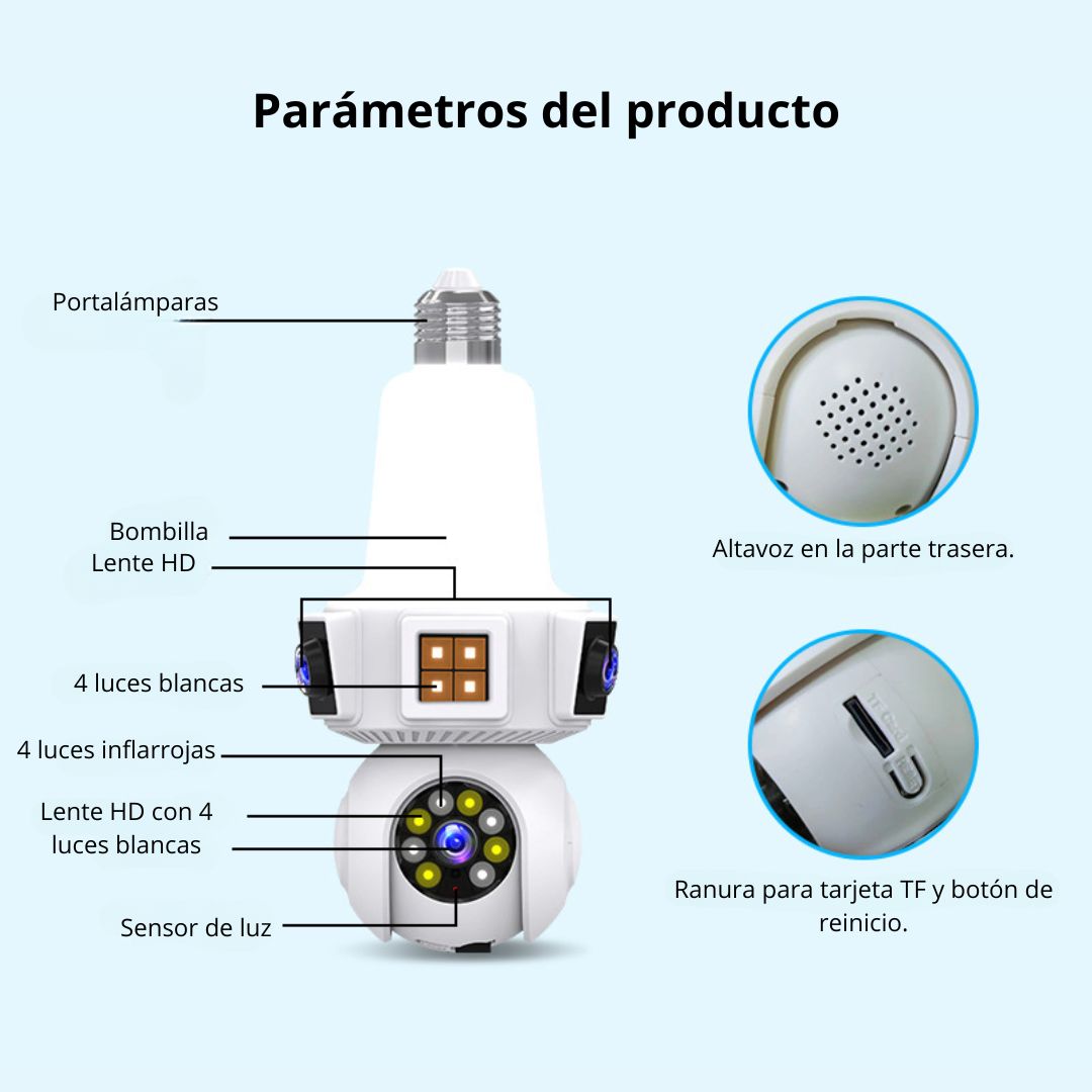 FOCO CÁMARA WIFI 360° HD CON TRIPLE LENTE VISIÓN NOCTURNA SENSOR Y AUDIO - 8