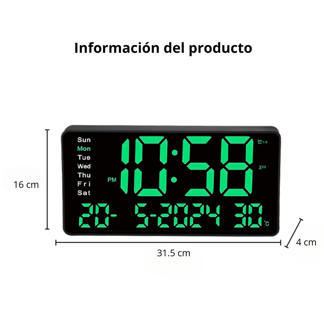 RELOJ DIGITAL LED 31.5 CM CON CALENDARIO TEMPERATURA Y ALARMA JH1404 - 8