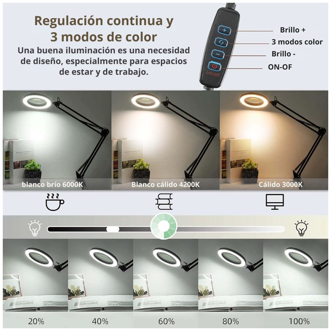 LÁMPARA LUPA LED 10X CON BRAZO ARTICULADO, 10 NIVELES Y 3 COLORES USB - 2