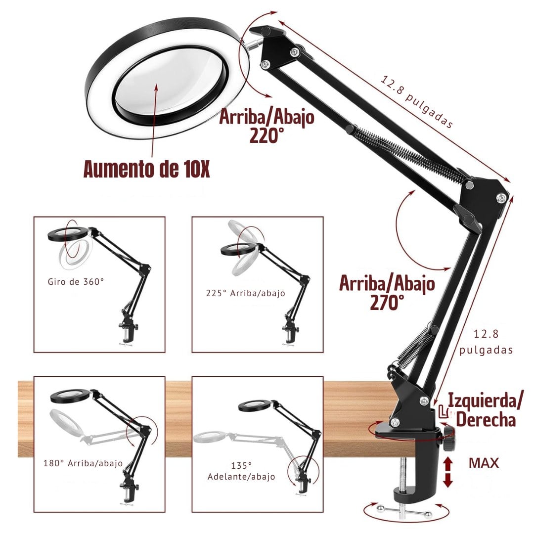 LÁMPARA LUPA LED 10X CON BRAZO ARTICULADO, 10 NIVELES Y 3 COLORES USB - 5