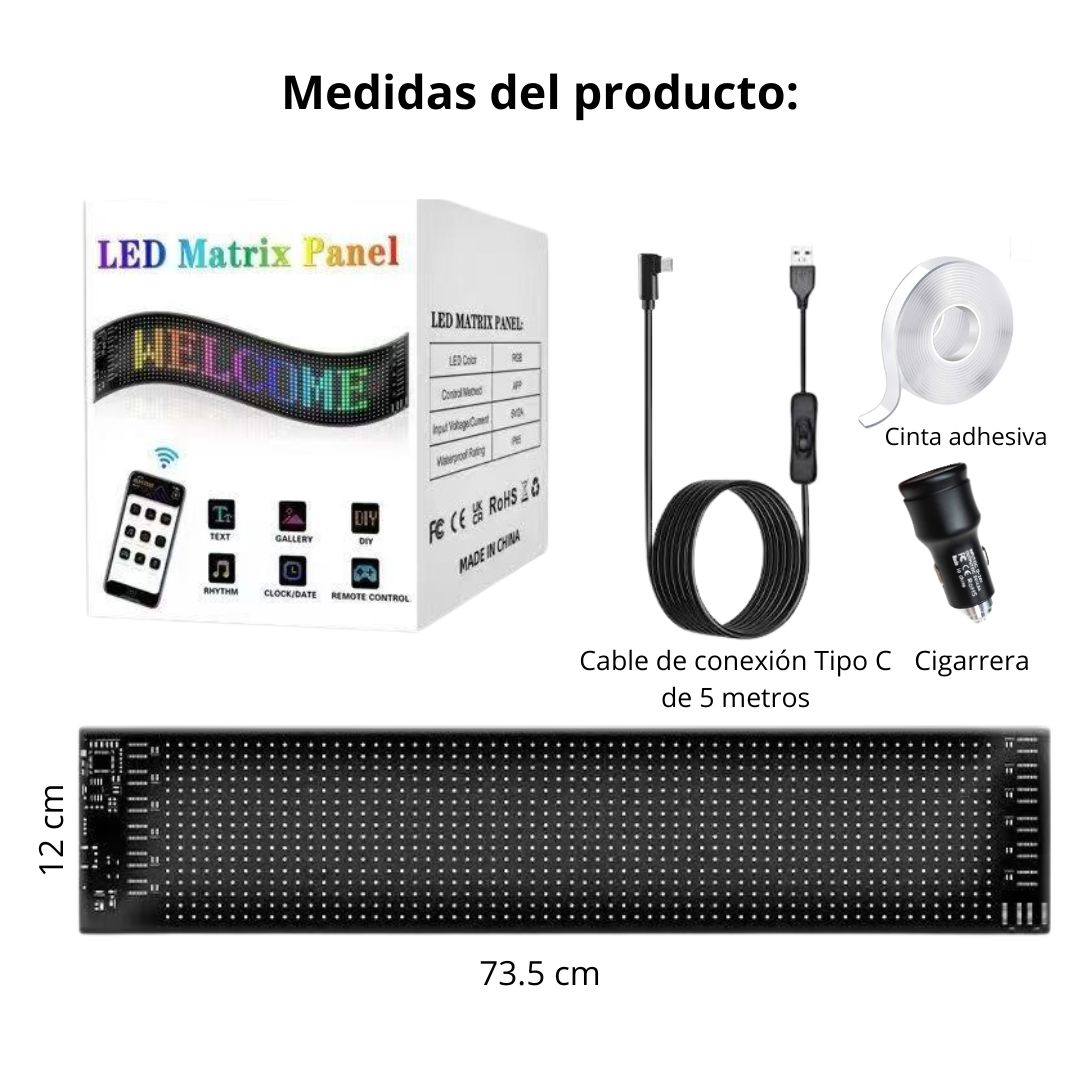 LETRERO LED PROGRAMABLE CON APP BLUETOOTH USB-C IP66 73×12CM - 8