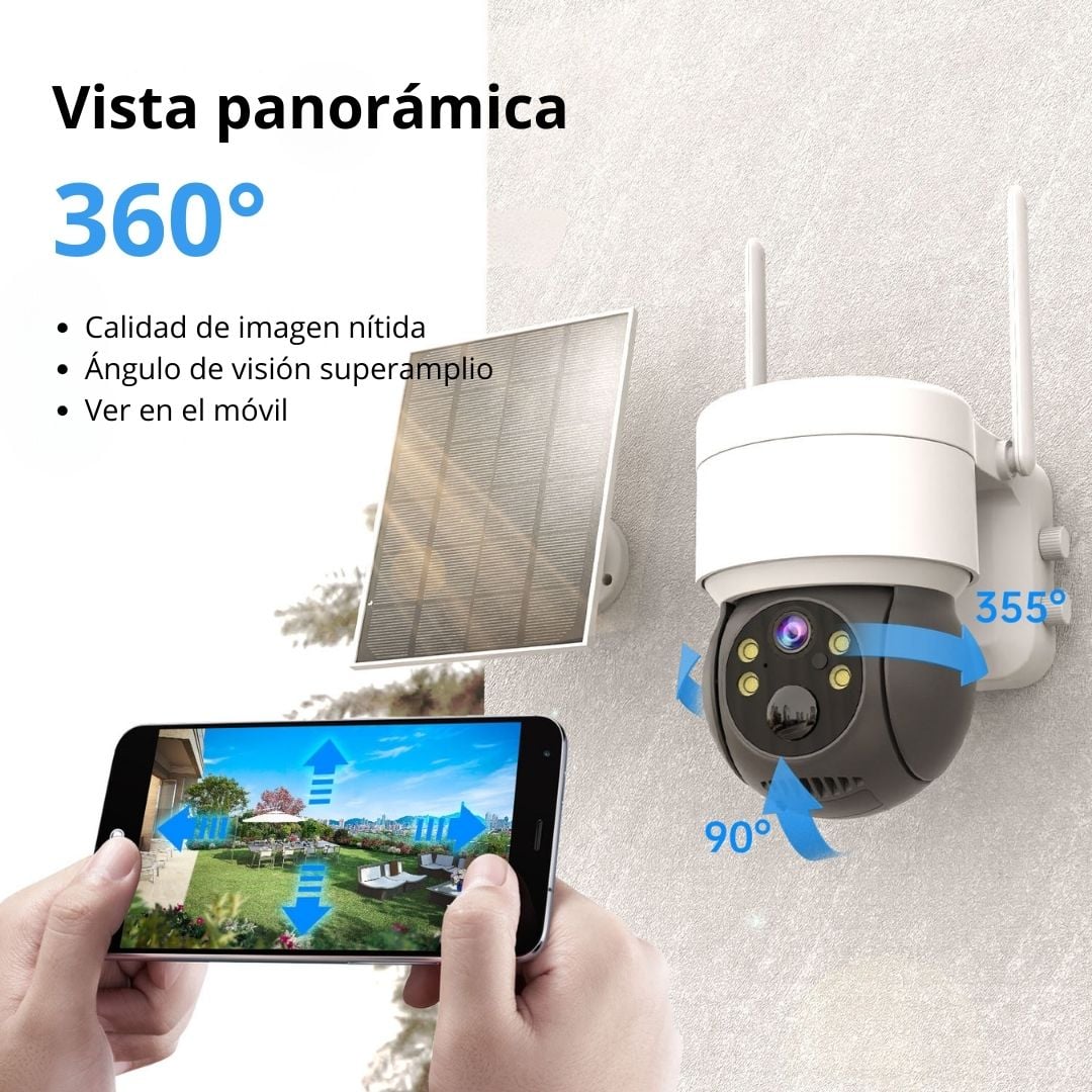 Cámara de Seguridad Solar WiFi 1080P PTZ 360° IP66 con Visión Nocturna Audio Alarma y Sirena - 3