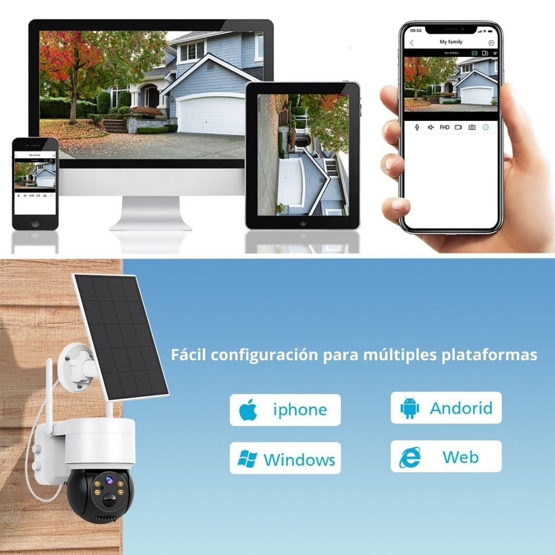 Cámara de Seguridad Solar WiFi 1080P PTZ 360° IP66 con Visión Nocturna Audio Alarma y Sirena - 4