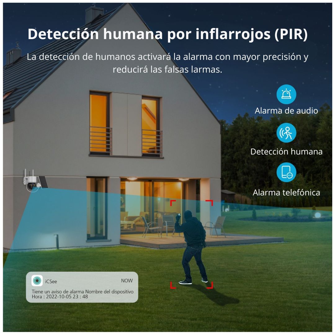 Cámara de Seguridad Solar WiFi 1080P PTZ 360° IP66 con Visión Nocturna Audio Alarma y Sirena - 6