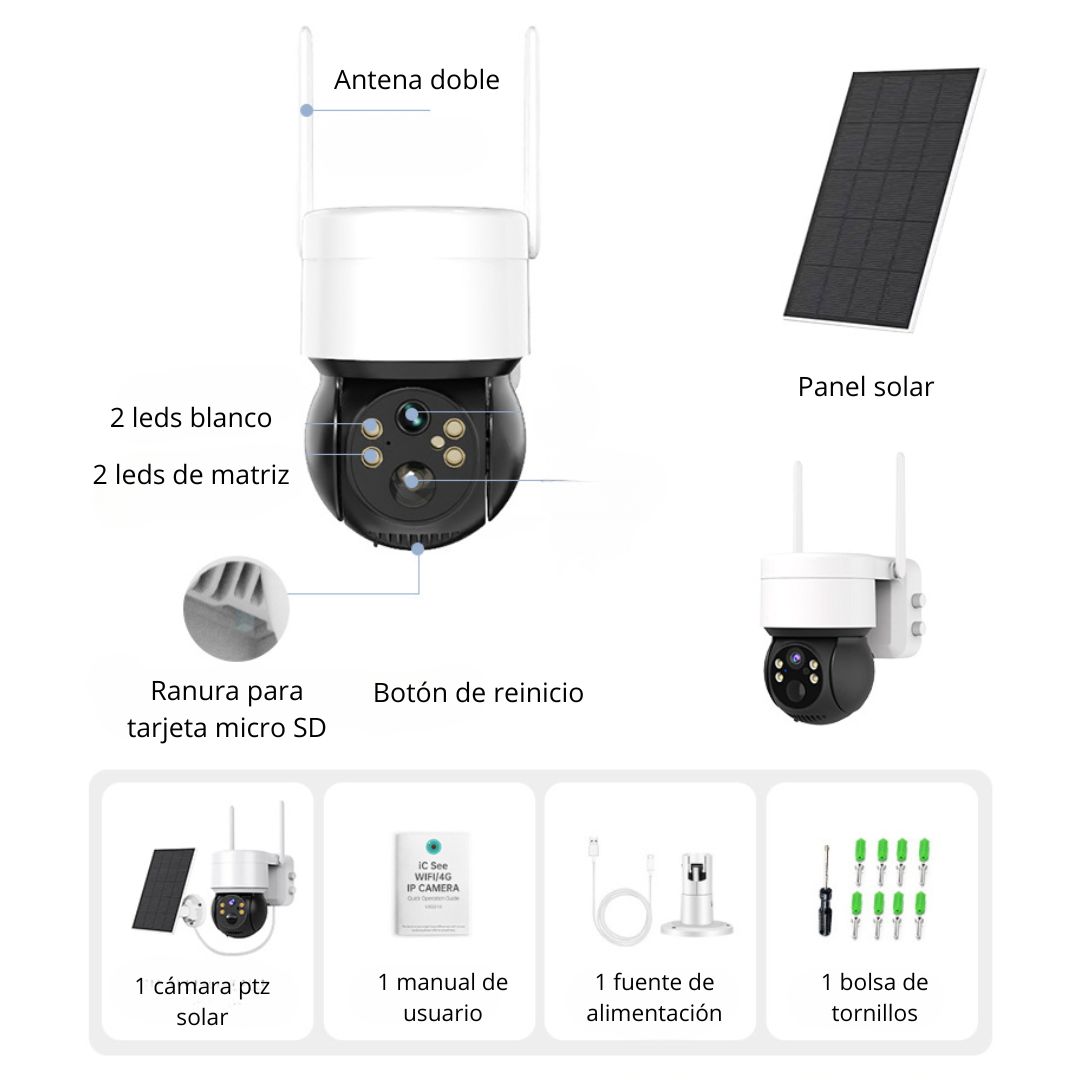 Cámara de Seguridad Solar WiFi 1080P PTZ 360° IP66 con Visión Nocturna Audio Alarma y Sirena - 8