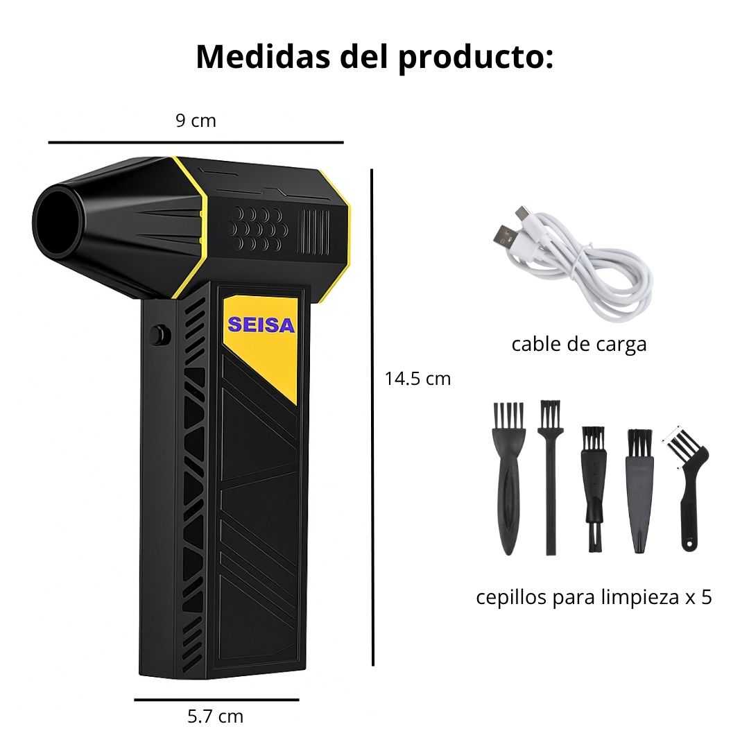 SOPLADOR DE AIRE INALÁMBRICO 120W SEISA PARA AUTO Y HOGAR, RECARGABLE CON 3 VELOCIDADES CARGA TIPO C - 8
