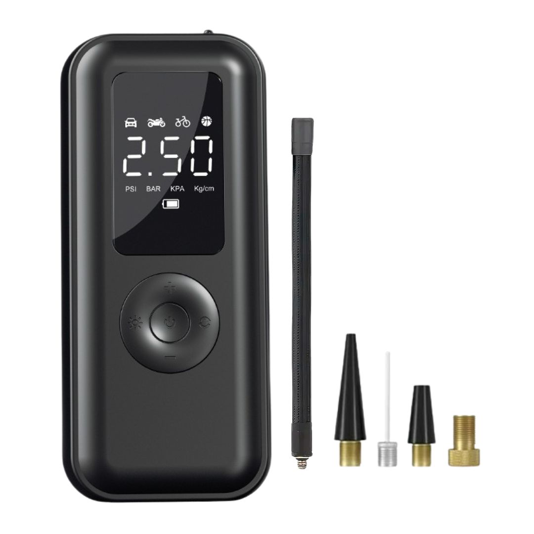 COMPRESOR DE AIRE PORTÁTIL INALÁMBRICO PARA LLANTAS DE AUTO MOTO Y BICICLETA CON PANTALLA Y LUZ LED - 1