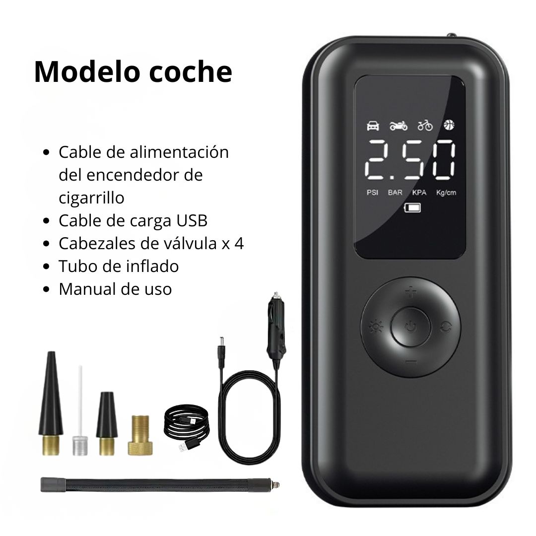 COMPRESOR DE AIRE PORTÁTIL INALÁMBRICO PARA LLANTAS DE AUTO MOTO Y BICICLETA CON PANTALLA Y LUZ LED - 2