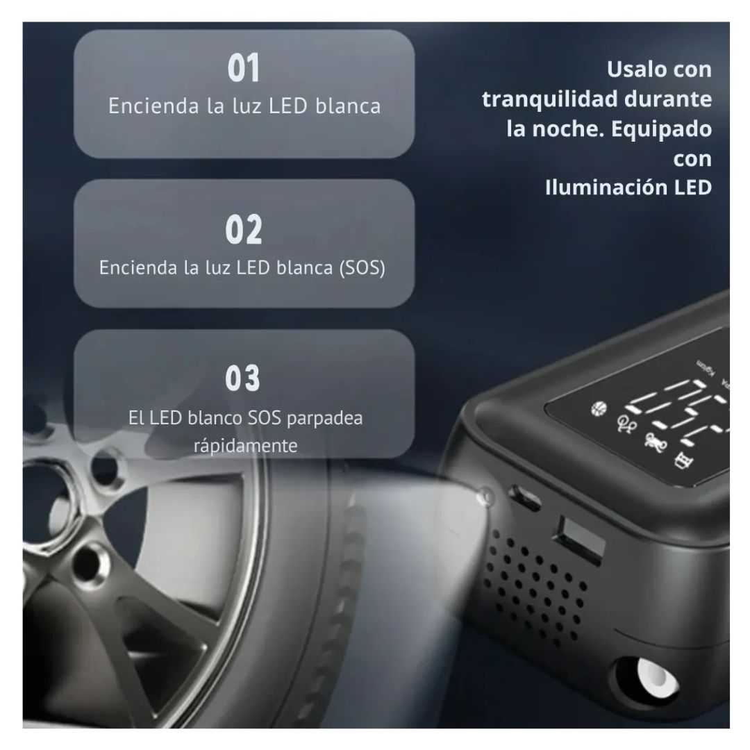 COMPRESOR DE AIRE PORTÁTIL INALÁMBRICO PARA LLANTAS DE AUTO MOTO Y BICICLETA CON PANTALLA Y LUZ LED - 4