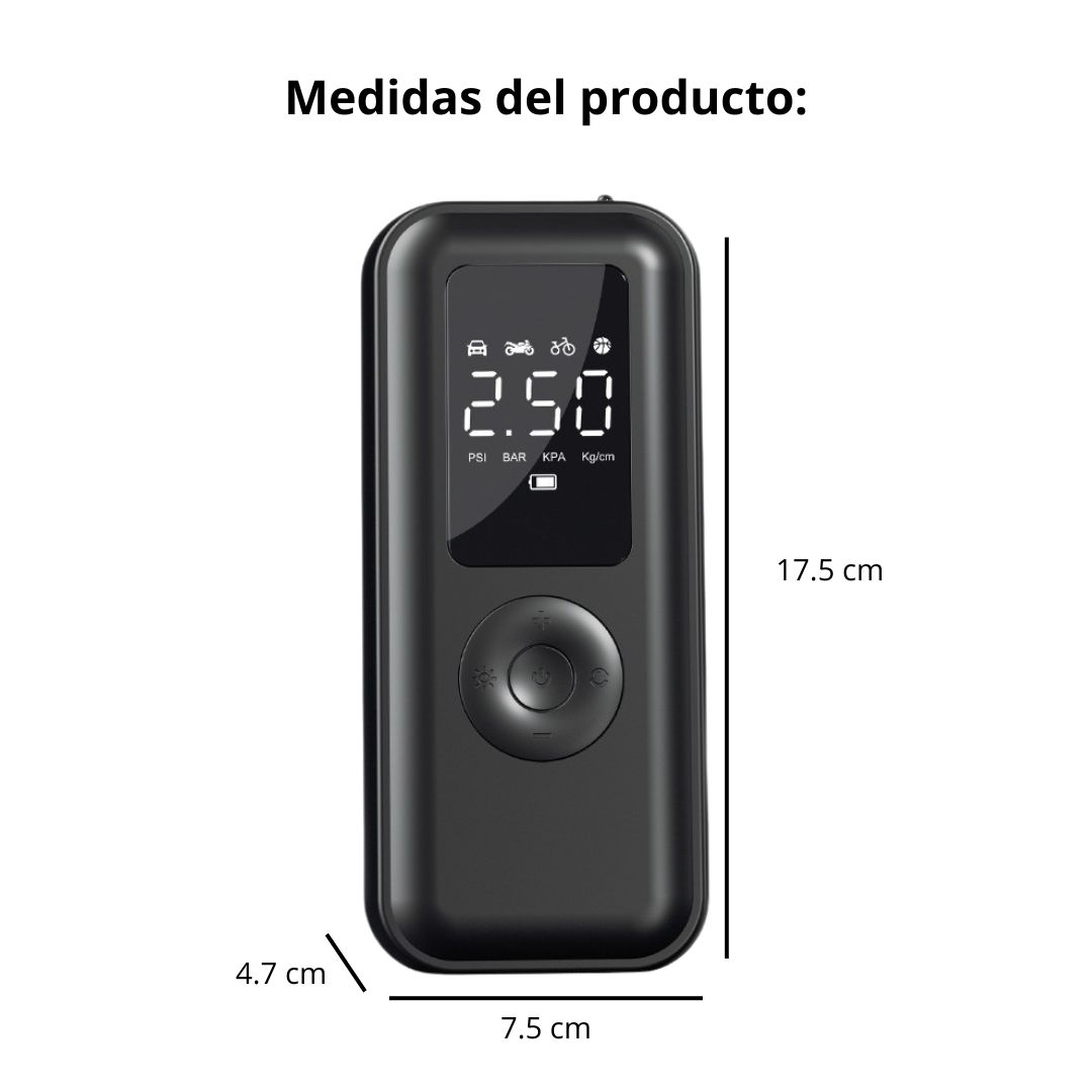 COMPRESOR DE AIRE PORTÁTIL INALÁMBRICO PARA LLANTAS DE AUTO MOTO Y BICICLETA CON PANTALLA Y LUZ LED - 6