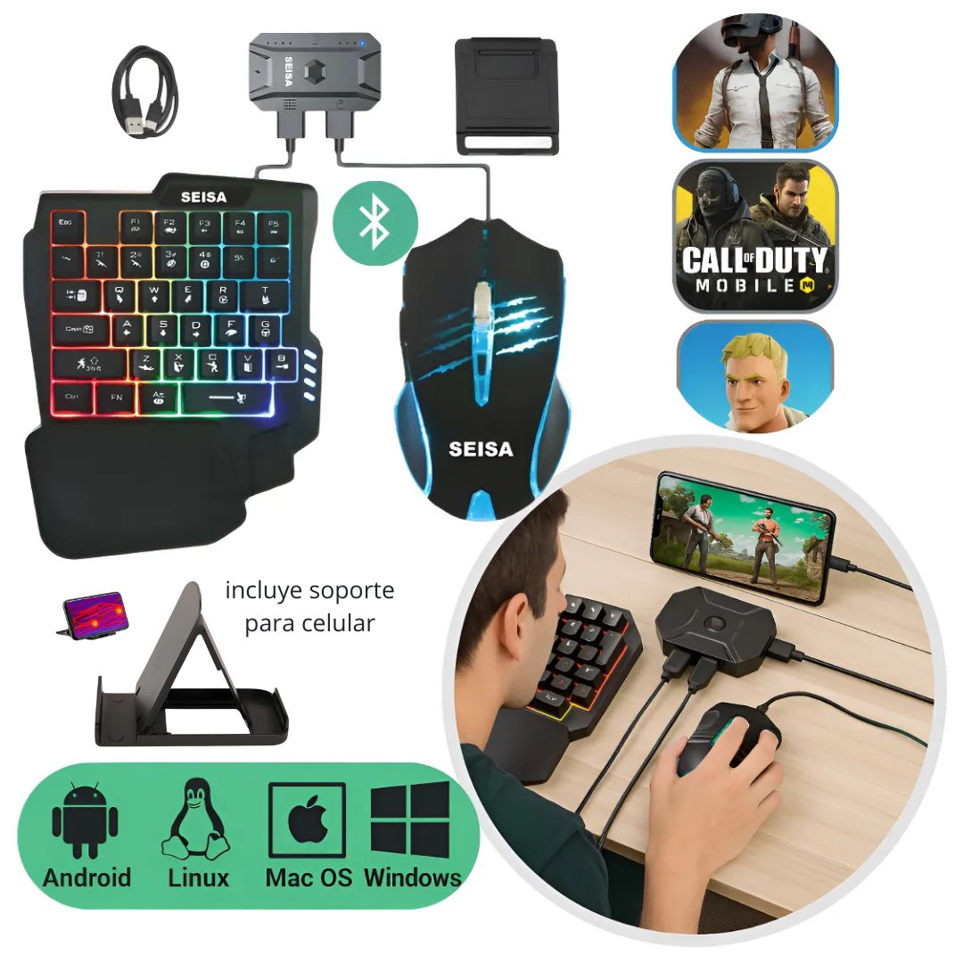 KIT GAMER PARA CELULAR SEISA 4 EN 1 CON TECLADO, MOUSE, LUZ RGB Y ADAPTADOR BLUETOOTH ANDROID IOS PC - 2