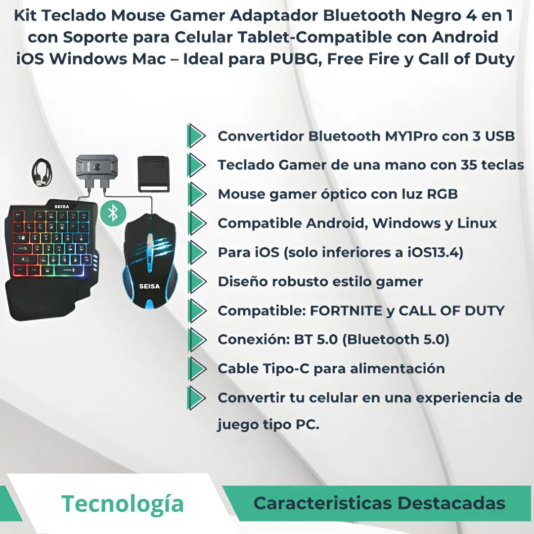 KIT GAMER PARA CELULAR SEISA 4 EN 1 CON TECLADO, MOUSE, LUZ RGB Y ADAPTADOR BLUETOOTH ANDROID IOS PC - 3