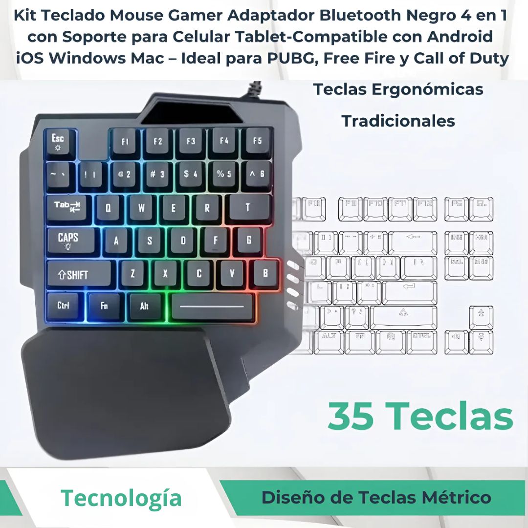 KIT GAMER PARA CELULAR SEISA 4 EN 1 CON TECLADO, MOUSE, LUZ RGB Y ADAPTADOR BLUETOOTH ANDROID IOS PC - 5