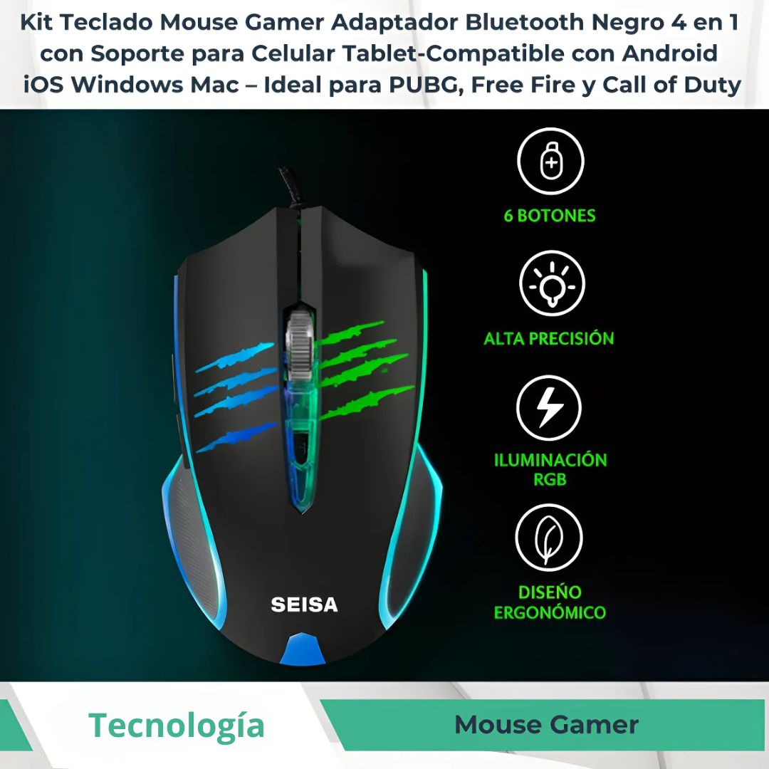 KIT GAMER PARA CELULAR SEISA 4 EN 1 CON TECLADO, MOUSE, LUZ RGB Y ADAPTADOR BLUETOOTH ANDROID IOS PC - 6