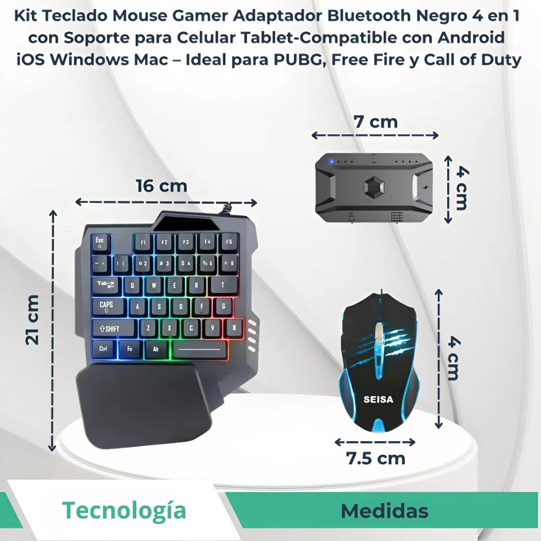 KIT GAMER PARA CELULAR SEISA 4 EN 1 CON TECLADO, MOUSE, LUZ RGB Y ADAPTADOR BLUETOOTH ANDROID IOS PC - 8
