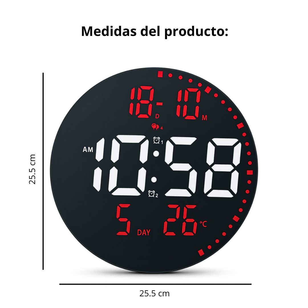 RELOJ DIGITAL LED REDONDO 25 CM CON ALARMA, FECHA, TEMPERATURA, BRILLO AJUSTABLE Y CONTROL REMOTO - 5