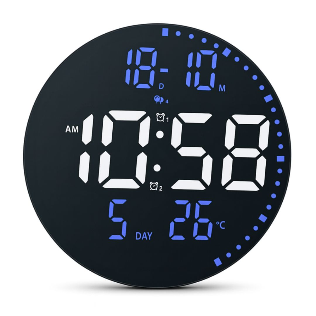 RELOJ DIGITAL LED REDONDO 25 CM CON ALARMA, FECHA, TEMPERATURA, BRILLO AJUSTABLE Y CONTROL REMOTO - 1