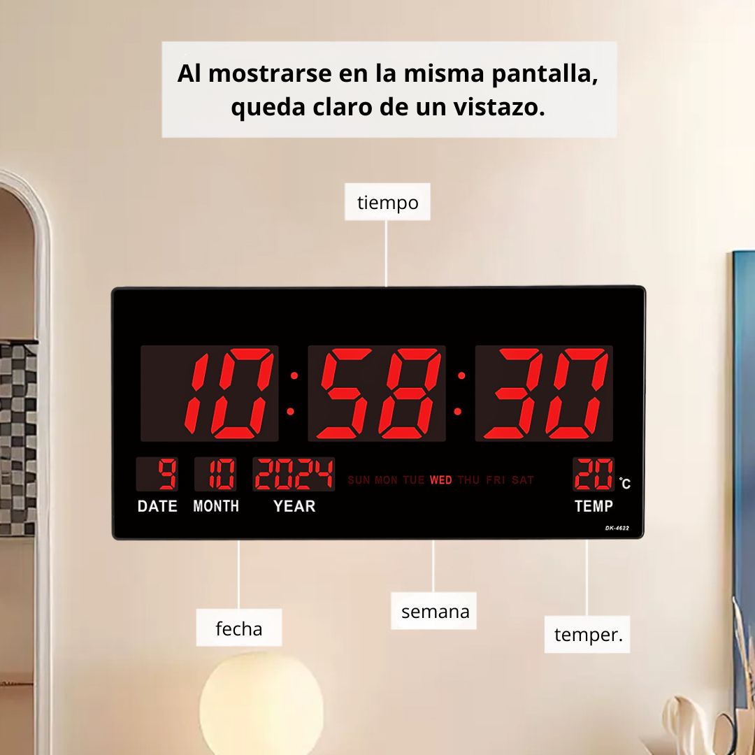 RELOJ DIGITAL LED GRANDE DE PARED 46 CM CON HORA 12/24H, FECHA, DÍA, TEMPERATURA Y BRILLO AUTOMÁTICO - 3