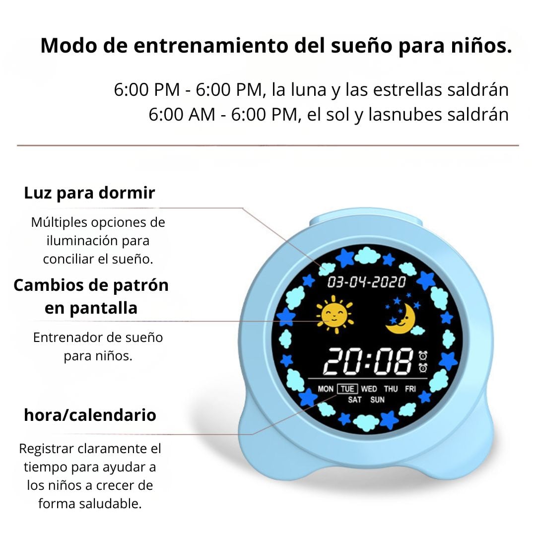 RELOJ DESPERTADOR PARA NIÑOS CON LUZ LED PANTALLA LCD A COLOR Y ENTRENADOR DE SUEÑO CON CABLE USB-C - 2