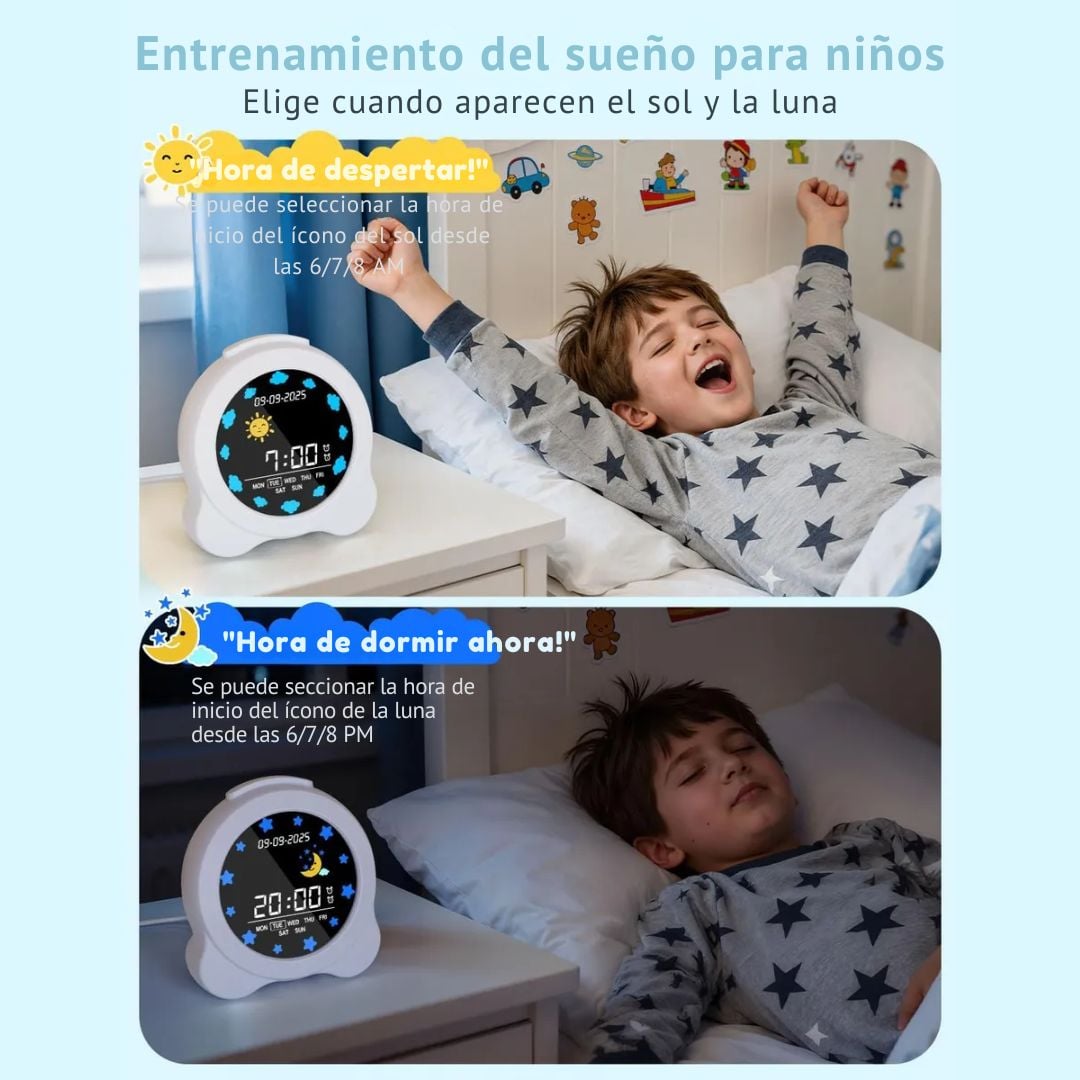 RELOJ DESPERTADOR PARA NIÑOS CON LUZ LED PANTALLA LCD A COLOR Y ENTRENADOR DE SUEÑO CON CABLE USB-C - 3